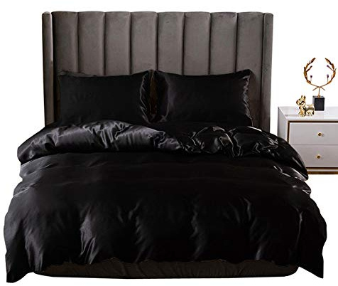 Black Silk Comforter Cover Set Full Size Silk Like Satin Duvet Cover Set Solid Color Decor Soft Microfiber Women Bedding Sets With Zipper Ties Soft Luxury Duvet Cover Set For Adult Women Men Girls