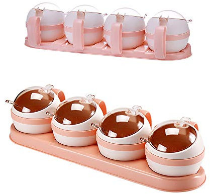 LOYUYU Seasoning Box, Seasoning Rack Spice Pots, Storage Container Condiment Jars, 4 Piece PS Cruet with Lids and Spoon Pink4