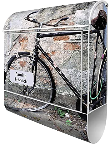banjado Design Briefkasten personalisiert 38,5x46,5x13cm & 2 Schlüssel - Briefkasten Stahl Weiß Zeitungsfach pulverbeschichtet - Postkasten A4 Einwurf inkl. Montagematerial - Motiv Nostalgie Rad