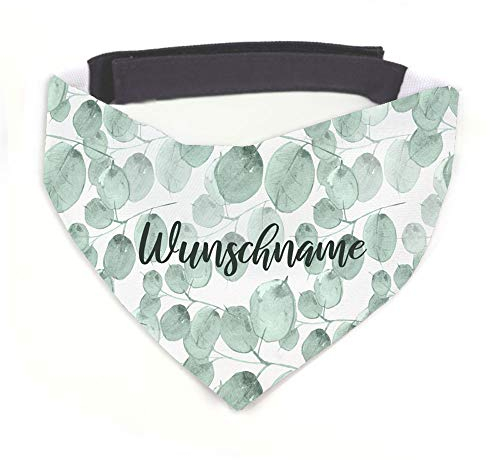 Tierisch-tolle Geschenke Hundehalstuch mit Namen Vintage Blätter personalisiert inklusive Wunschname mit 12 cm Klettverschluss für kleine, mittlere und große Hunde (L = Halsumfang: 45-60 cm)