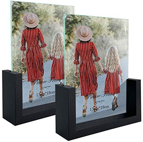 MEBRUDY 5x7 Picture Frame 2 Pack, Black Photo Frames with Tempered Glass Cover and Wooden Base for Tabletop or Desktop Display