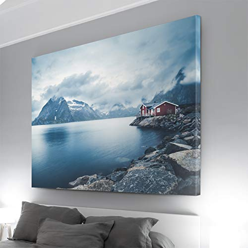 BilderKing XXL Bergpanorama Bild, Lofoten, Norwegen als 150x60cm großes Leinwandbild. Dieses Wandbild ist fertig aufgespannt auf einen aussagekräftigen 4cm Keilrahmen. Für Galerieatmosphäre