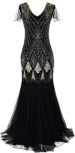 IBTOM CASTLE Flapper Dresses 1920s Gatsby - Womens Vintage V Neck Beaded Sequin Mermaid Hem Formal Evening Party Dresses Plus Size Cocktail Maxi Gown Prom Halloween Fancy Dress Costume Black + Gold M