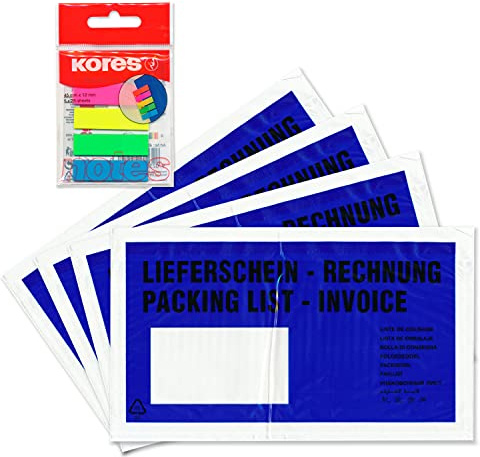 WPTrading - 1.000 x Lieferscheintaschen 225 x 120 mm in DIN-LANG Blau Lieferschein/Rechnung inkl. 125 Page-Marker in 5 Farben - Dokumenten-Taschen selbstklebend - Begleitpapiertaschen für Versand