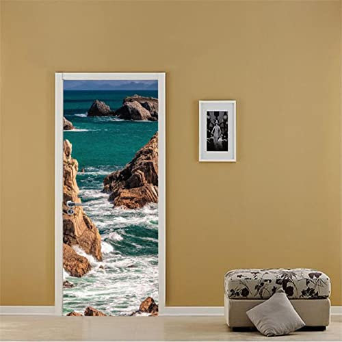 XAONUO Fototapeten 3D Türtapete Selbstklebend Strand Felsen Landschaft 90X210Cm Selbstklebendes Pvc Wasserdicht Fototapete Türfolie Poster Tapete Abnehmbare Türabziehbilder Türdekoration