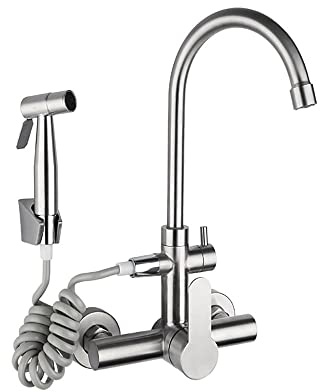 HomeLava Wasserhahn Küche Wandarmatur Wandmontage 360° Drehbare Edelstahl Spültischarmatur Kalt und Heiß Einhebelmischer Küchenarmatur Armatur mit Spritzpistole, Gebürstet
