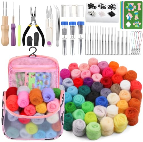 Riddur Set di feltro agugliato da 50 colori, 228 pezzi, pratica borsa per il trasporto con aghi in feltro per infeltrimento a secco, strumenti di base e accessori, lana di feltro fai da te