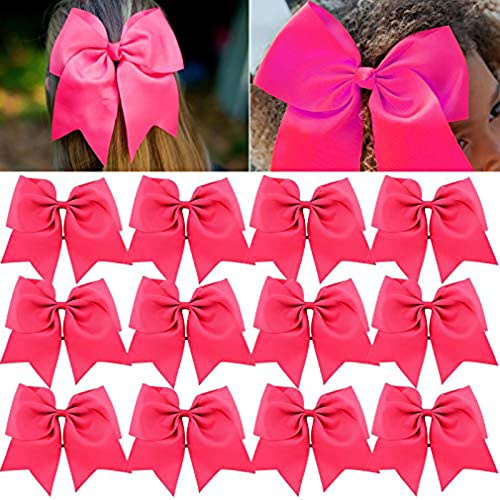 CEELGON 12PCS 8 Large Cheer Bows Ponytail Holder Elastic Hair Ties Pink Grosgrain Ribbon Cheerleading Bows for Teens Women Girls Sports Cheerleaders