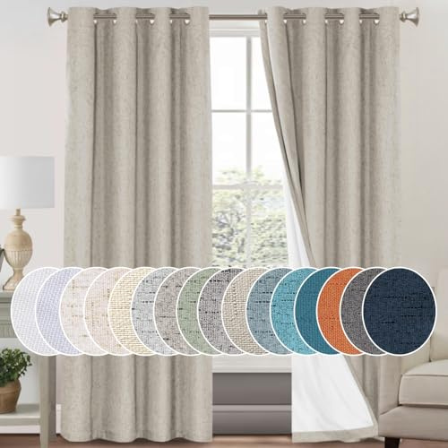 PrinceDeco 100% Blackout Curtains Linen Blackout Curtains 84 Inches Long for Dining Room Grommet Soundproof Window Treatment Drapes for Hall Room, 52 Wide Per Panel, Set of 2，Cobblestone