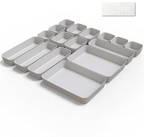 Schubladen Organizer Box Organizer Schubladen Ordnungssystem 16 Stk Küche Badezimmer Kosmetik Gewürz Aufbewahrung Organisation Drawer Kunststoff Büro Schreibtisch Trenner mit Silikonmatten (Hellgrau)