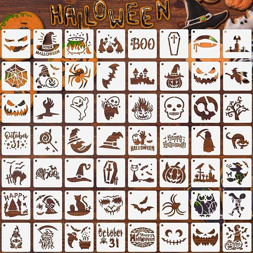 Augshy Halloween Stencils - 56 Pack Pumpkin & Ornament Stencils for Painting on Wood, Fabrics & Window Decoration (3 Inch)
