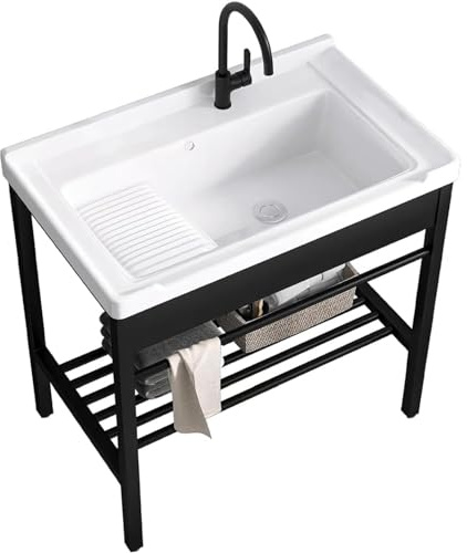GBHJJ Freistehende Spülbecken für eine Waschküche, Waschbecken mit Waschbrettset, mit Halterung für Warm- und Kaltwasserhähne und Abflussset, Garage, Keller, Außen- und Innenbereich,81x48x83cm