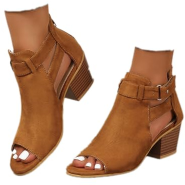 ZBYY Womens Peep Toe Ankle Booties Chunky Heels Cutout Back Zipper Sandals Suede Side Ankle Strap Dress Sandals