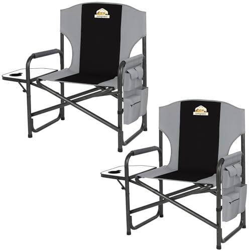 Colegence Oversized Directors Camping Chair Set of 2 Support 600 LBS, Heavy Duty Folding Outdoor Chairs with Detachable Side Pocket and Adjustable Side Table for Outside Beach,Lawn,Fishing (Black)