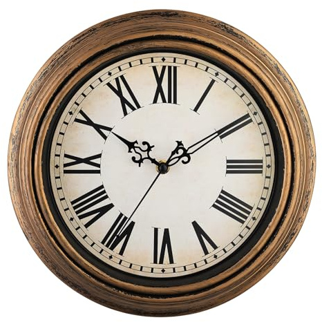 Plumeet Small Retro Wall Clock, 10'' Non Ticking Classic Silent Vintage Wall Clocks Decorative Kitchen Living Room Bedroom, Roman Numerals, Battery Operated