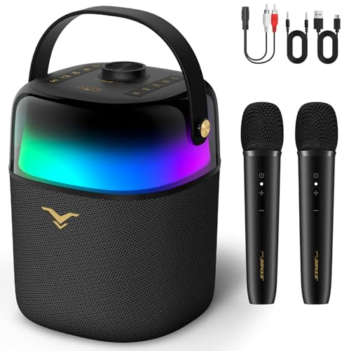 Karaoke Anlage mit 2 Mikrofonen, Karaoke Maschine mit LED Lights, Tragbare Partybox, 80W Peak PA Lautsprecher, unterstützt USB/Bluetooth/AUX-In für Outdoor, Home Karaoke System für Erwachsene/Kinder