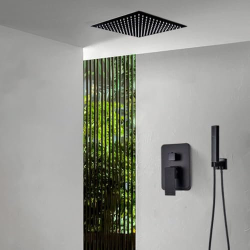 WuDLi Duschhahn-Set, Mattschwarz, Badezimmer-Wasserhahn, Regenduschkopf, Deckenmontage, Wasserfall-Badewannenhahn, Wannenmischer, Wannenmischbatterie-Set für d