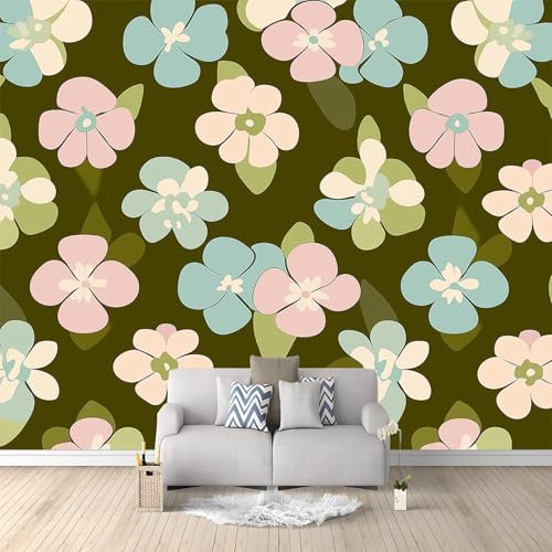 Papier Peint Intissé Motif Floral Rétro Vert 300x210 cm Papier Peint Panoramique Moderne, Tableaux Muraux Tapisserie Photo, Papier Peint Mural pour Salon, Chambre, Fond Décor TV
