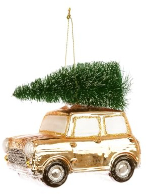 FloristryWarehouse Klassisches Mini-Auto mit Weihnachtsbaum zum Aufhängen, Glasornament, Gold