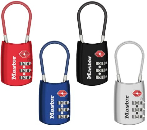 Master Lock 4688D Lot de 4 cadenas à bagages par câble accepté par la TSA, la couleur peut varier