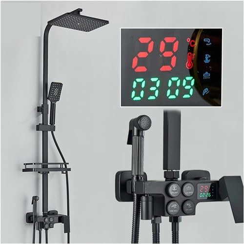 Black Thermostatic Shower System with Temperature Display Rainfall Shower Faucet Set and Bathtub Tap Electric Shower with Bathroom Shelf