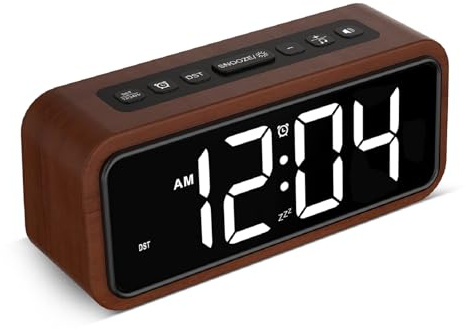Netzu Wooden Alarm Clock, Loud Digital Plug-in Clock with 5 Volumes, 12 Ringtones, Manual DST, Snooze for Heavy Sleepers Bedroom Bedside Living Room Office Wood Decor