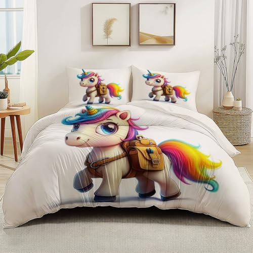 Cremefarben Reversibel Druck Bettbezug, Cartoon-Einhorn mit Schultasche Weiche Waschbare Bettwäsche Microfaser Druck Mit Reißverschluss für Kinder, Erwachsener Teens, 135 x 200 cm