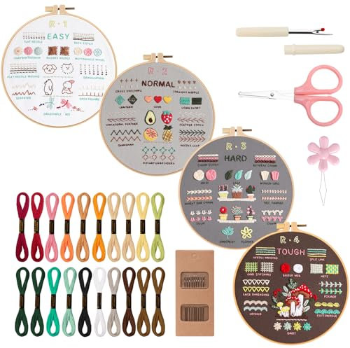 VynyQoo 4pcs Sticken Set Erwachsene, Stickset für Anfänger, Embroidery Kit mit Kunststoff Stickrahmen, Stickerei Starter Set, Stickerei Lernset mit 4 Stickmuster Video und Anleitung für DIY Handwerk