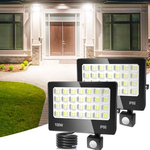 ANNIFUNLY Projecteur Led Extérieur Detecteur de Mouvement, 2 Pièces 100W 10000LM IP66 Etanche Éclairage Exterieur, 6500K Projecteur Led avec Détecteur Lampe de Sécurité pour Garage, Cour, Jardin | Blanc Froid Eclairage Exterieur,IP67 Etanche Spot LED Avec Détecteur,Lampe Exterieur pour Terrasse Garage Jardin