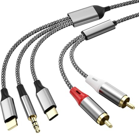 Lizoak RCA Cable, 3-in-1 to 2 RCA Cable, Ligh-ning/USB C/3.5mm to RCA Audio Adapter for iPhone, Android, Tablet, Speaker, HiFi, Car, Home Theater, Amplifier, DJ Mixer, Stereo System