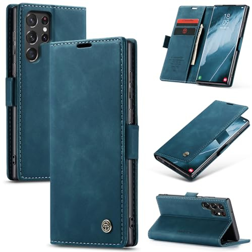 Samokor Handyhülle für Samsung Galaxy S22 Ultra 5G Magnet Leder Klapphülle | Premium Leder,Klappbar,Flip Case,Schutzhülle,Tasche,Kartenfach,Standfunktion,Stoßfest,Hülle für Samsung S22 Ultra,Blaugrün