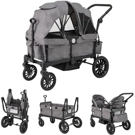 GOPLUS Geschwisterwagen, Zwillingskinderwagen mit 2 Sitzen, Geländereifen, Faltbares Sonnendach, Verstellbarer Griff, Zwillingsbuggy faltbar mit Sicherheitsgurt, Kinderwagen ab 6 Monate (Grau)