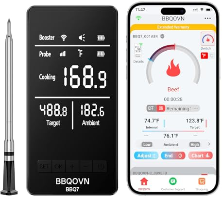 BBQOVN WLAN Bluetooth Fleischthermometer mit Unbegrenzter Reichweite, 7 NIST-zertifizierte Sensoren & Umgebungstemperatur, Kabelloses Thermometer für BBQ, Smoker, Ofen, Grill, Heißluftfritteuse