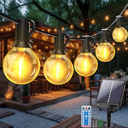 LED Lichterkette Aussen Solar 10M Lichterketten 25+2 G40 Glühbirnen Timer | Fernbedienung, Auto Ein/Aus, Wasserdicht, Dimmbar, 8 Modi, Garten Terrasse Hochzeit Balkon Deko,Warmweiß