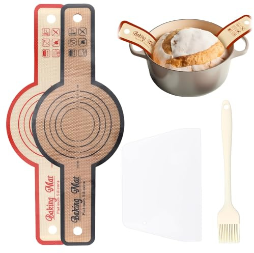 Bread Sling for Dutch Oven, Thickened Silicone Bread Sling Set with Long-Handle Mats 2 Pack 56x21cm for Lifting Sourdough Plus Oil Brush and Pasta Cutter for Home Baking Use (Red and Gray)