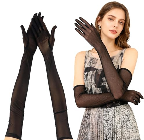 YAWYO Gants en dentelle noire transparente, Longs gants noirs sexy pour femme, Mariée, Mariage, Opéra, Danse, Tea Party, Accessoires de costume en maille