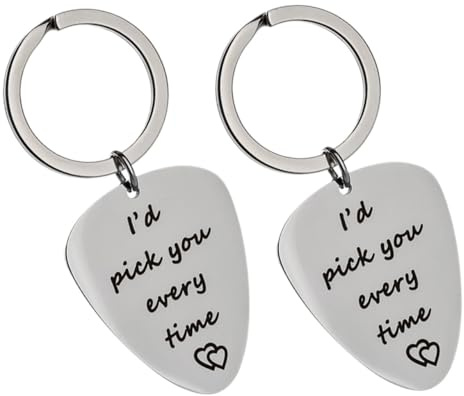 Alasum Edelstahl Schlüsselanhänger Satz für Paare Valentinstag Gitarren Plektrum Anhänger mit Kette Kreativer Taschenanhänger als Geschenk