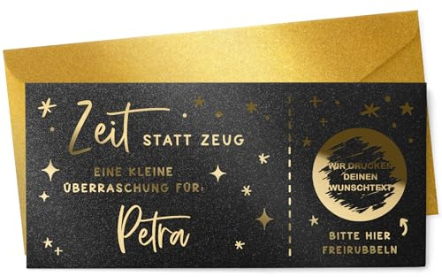 KuschelICH Personalisierte Rubbelkarte Zeit statt Zeug Golden Ticket | Individuell mit Name & Wunschtext, Geschenkidee zum Freirubbeln, hochwertige Folierung, mit Umschlag