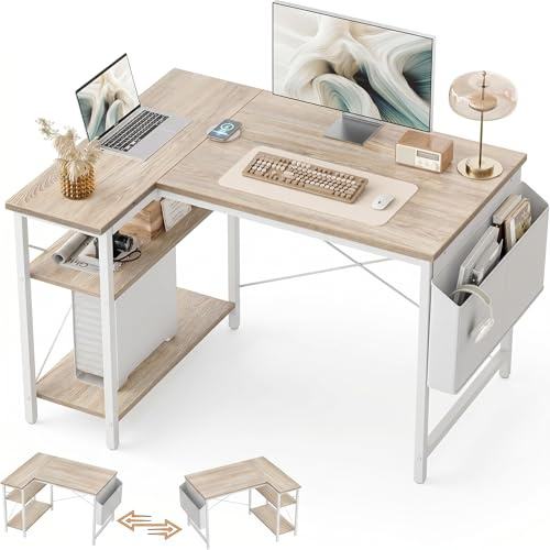 BEXEVUE Small L Shaped Computer Desk, Maple | 100x70 cm Gaming Corner Desk with Storage Bag and Reversible Storage Shelves, Writing Table for Study Play Work Home Office