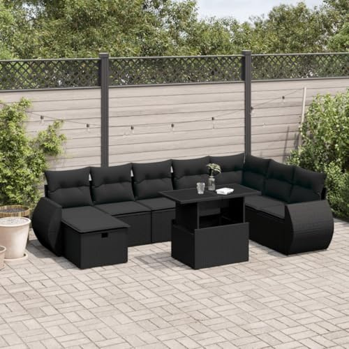 Ziaphsol 9-delat trädgårdsmöbelset med kudde, svart poly rotting loungegrupp, matgrupp, balkongmöbler, terrass, utomhus, möbelset, soffa, fåtölj, bänk, bord, stol, vilstol hörn