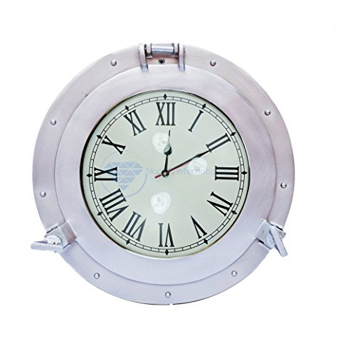 Nagina International Orologio a oblò in alluminio nautico verniciato a polvere con nave dei pirati | Esclusiva decorazione da parete (20,3 cm)