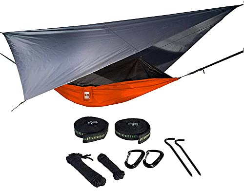 Oak Creek Camping Hängematte und Zubehör Komplettpaket mit Moskitonetz, Regenfliege, Baumgurten Ideal zum Wandern, Rucksackreisen und Reisen Gewicht nur 1,8 kg Feuerorange und Grau