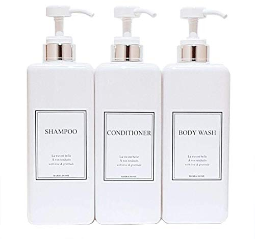 HARRA HOME Modern Gold Design Pump Bottle Set 27 oz Refillable Shampoo and Conditioner Dispenser Empty Shower Plastic Bottles with Pump for Bathroom Lotion Body wash, Pack of 3 (White & Silver)