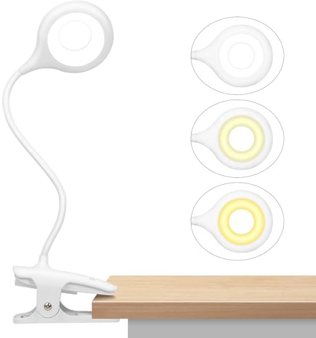 LACOKI Clip on Rechargeable Reading Light for Bed, 3 Color x 3 Brightness 28 LEDs Desk Light, Eye-Caring Desk Lamp with Clamp for Headboard, Table, Desk