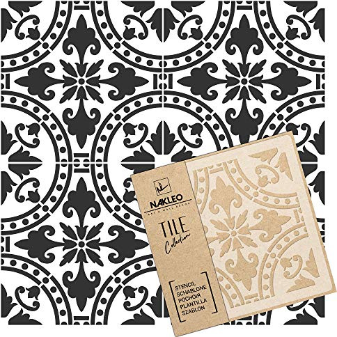 NAKLEO Pochoir à Carreaux pour Peinture 10x10cm, Modèle en Plastique et Réutilisable, Isna Espagnol Floral Mauresque Marocain, DIY Bricolage Décoration, Pavé Blocs Béton Sol Mur
