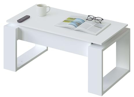 Habitdesign – Mesa de Centro Elevable Moderna, Mesita Auxiliar para Salón, Color Blanco Artik, 105x55x45-54 cm – Modelo Nova