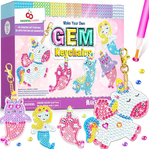 ORIENTAL CHERRY Arts and Crafts for Kids Ages 8-12 - Make Your Own GEM Keychains - 5D Diamond Painting by Numbers Art Kits Gifts for Girls Kids Toddler Ages 3-5 4-6 6-8