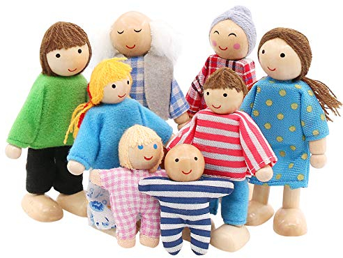 SumDirect 8-Stücke Holz Familienpuppen Spielset, Puppenfamilie Holzpuppen, Puppenhaus Kinderspielzeug