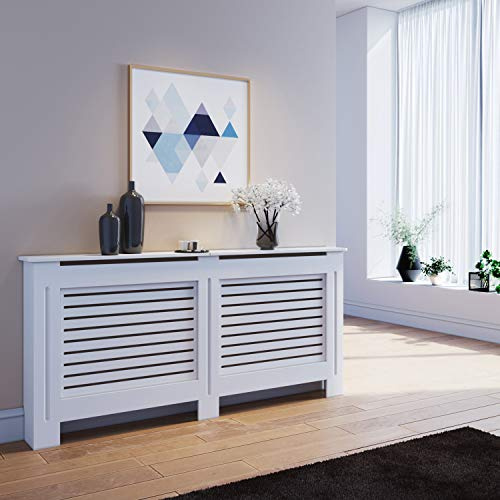 ELEGANT Radiator Cover Modern Horizontal Slat Extra Large, 19Dx172Wx81.5H cm | White Painted Cabinet Radiator Shelve for Living Room/Bedroom/Kitchen/Hallway