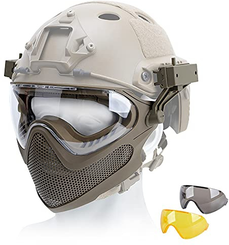 Maschera Softair integrale CS Wargame BB Guns Paintball Protection Steel Mesh Tactical Mask con occhiali per casco veloce (DE)